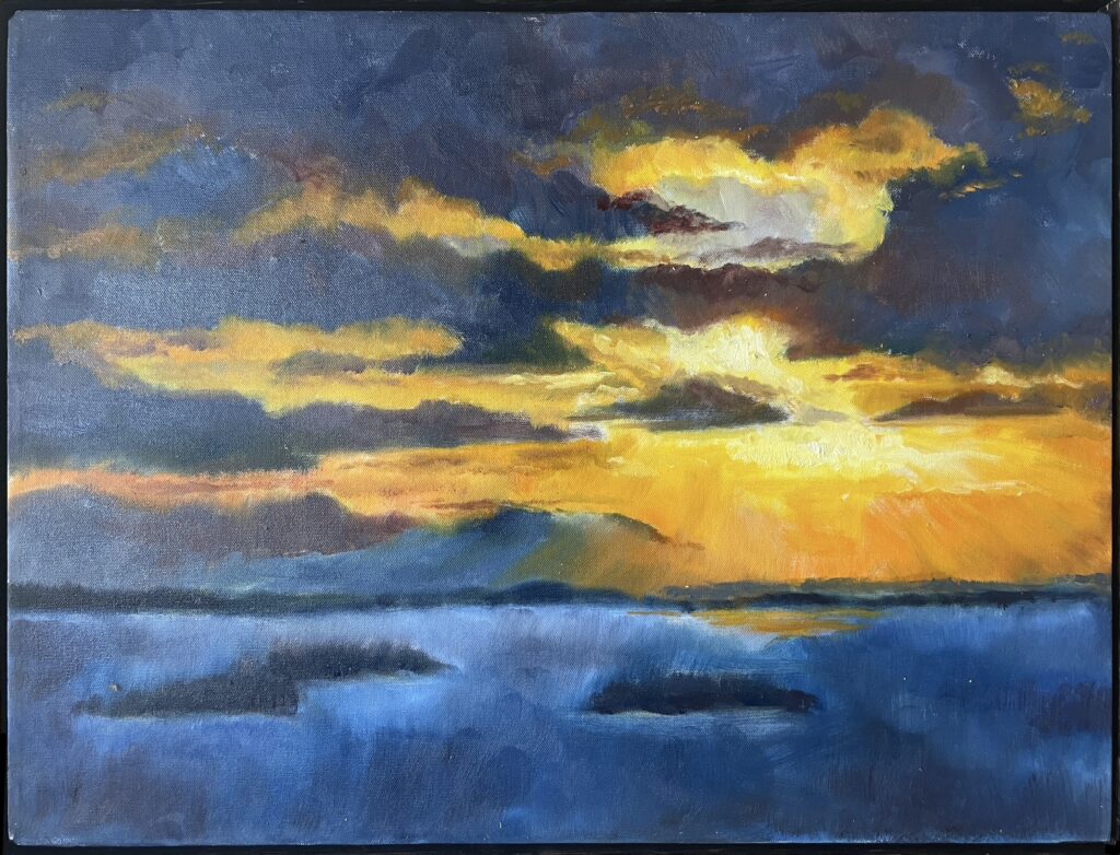 In an ADK oil landscape painting, Yellow-orange light breaks through the blue and purple clouds over water in the foreground.