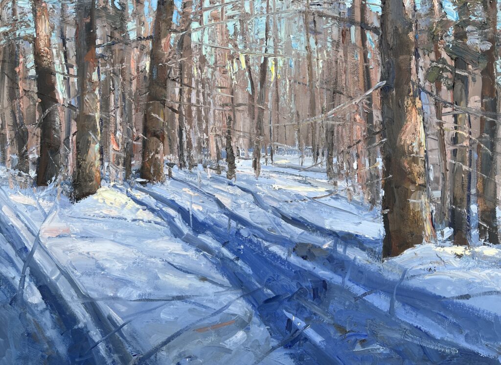 Dark blue shadows stretch into a snowy mid-ground of a landscape oil painting. High contrast highlights the low angle light of the day.